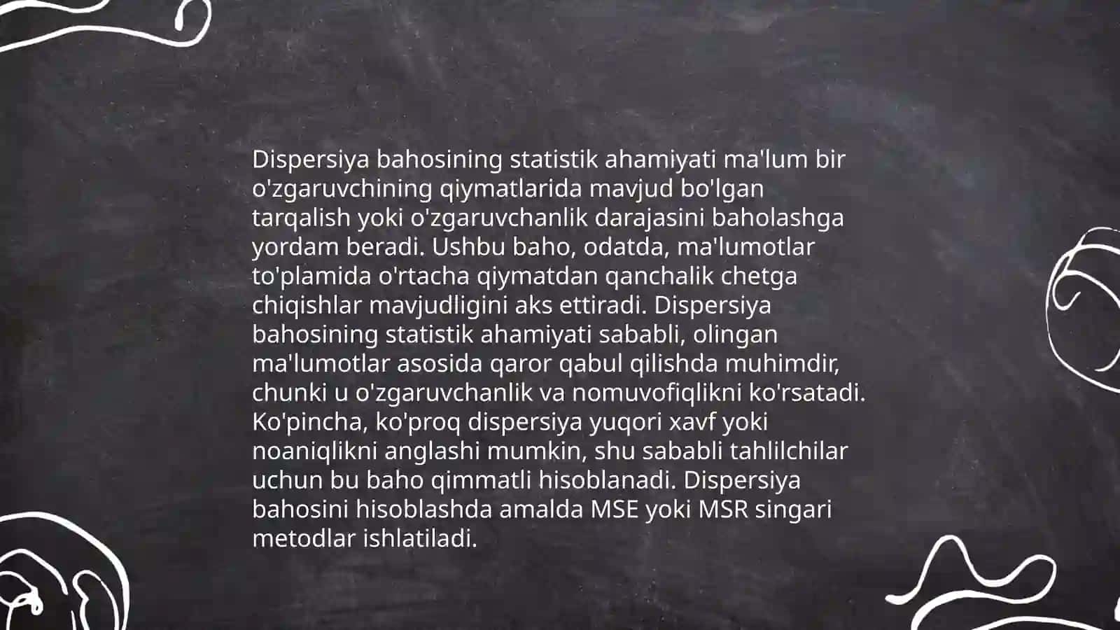 Dispersiya bahosining xossalari va tanlanmaning to'g'rilangan dispersiya statistik baholar qurish uslublari ishonchlilik intervallari 4
