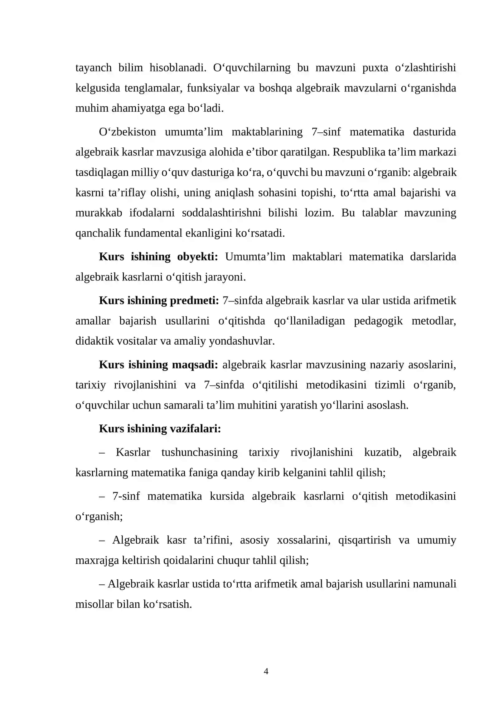 Umumta’lim maktabining 7–sinfida algebraik kasrlar va ular ustida amallarning o‘qitilishi 4