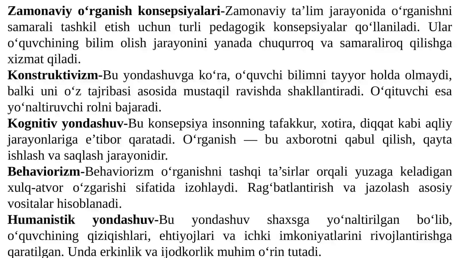 O'rganishning zamonaviy konsepsiyalari va pedagogik texnalogiya turlari. 4