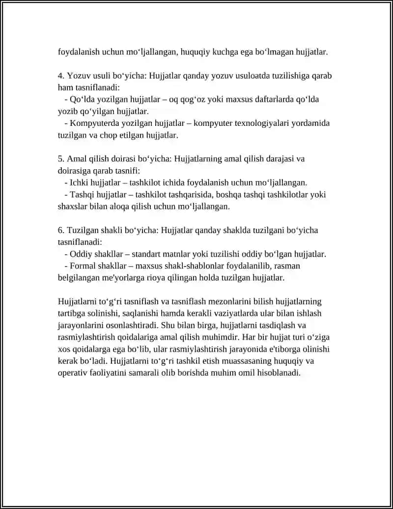 HUJJATLARNING TURLARI, ZARURIY QISIMLARI QOLIPI, REKVIZITLARI VA ULARNI RASMIYLASHTIRISH QOIDALARI 4