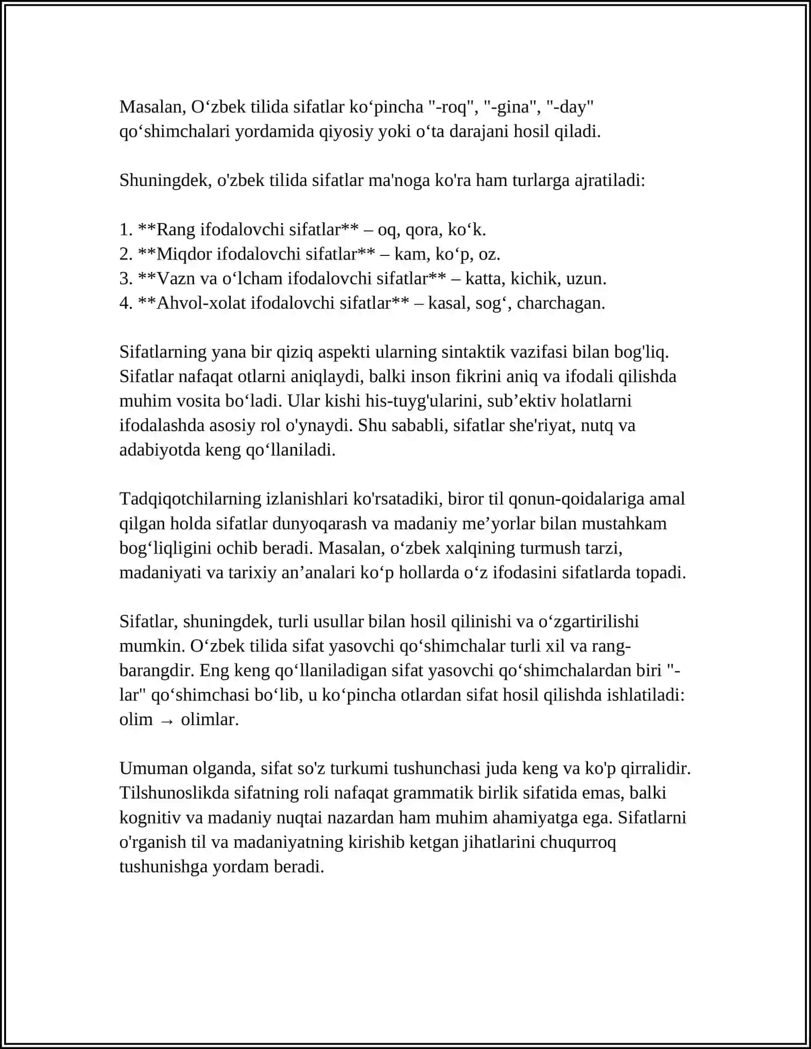 SIFAT SOʻZ TURKUMI XAQIDA UMUMIY MAʼLUMOT 4