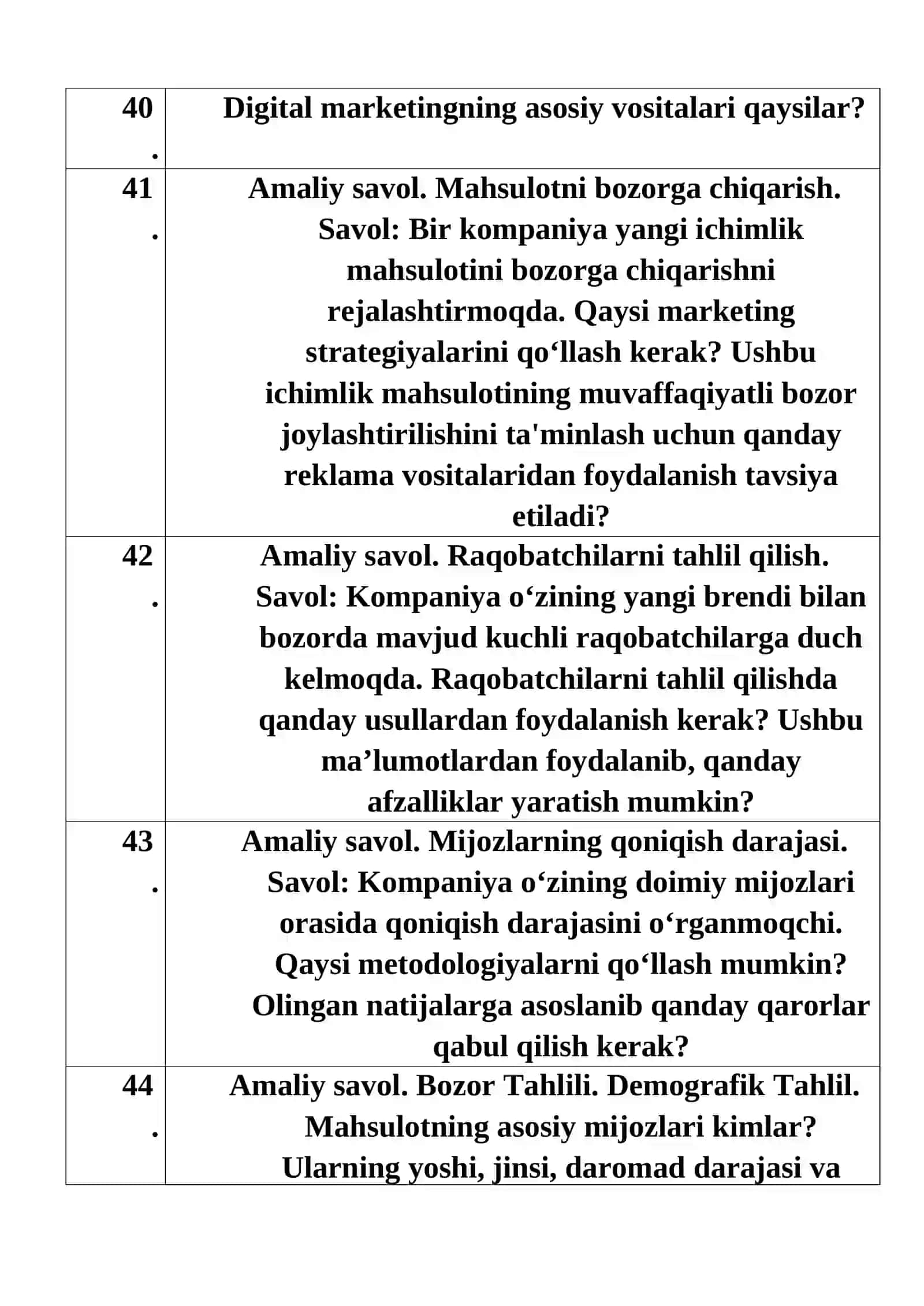 Texnikum  NAMUNAVIY SUHBAT SAVOLLARI: “Marketing” ta‘lim yo‘nalishi bo‘yicha 4