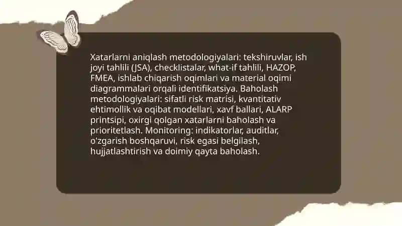 Ishlab chiqarishda faoliyat xavfsizligini boshqarish tizimi, xavfsizlikni taʼminlashga oid tadbirlarni rejalashtirish, mablagʻ bilan taʼminlash 4