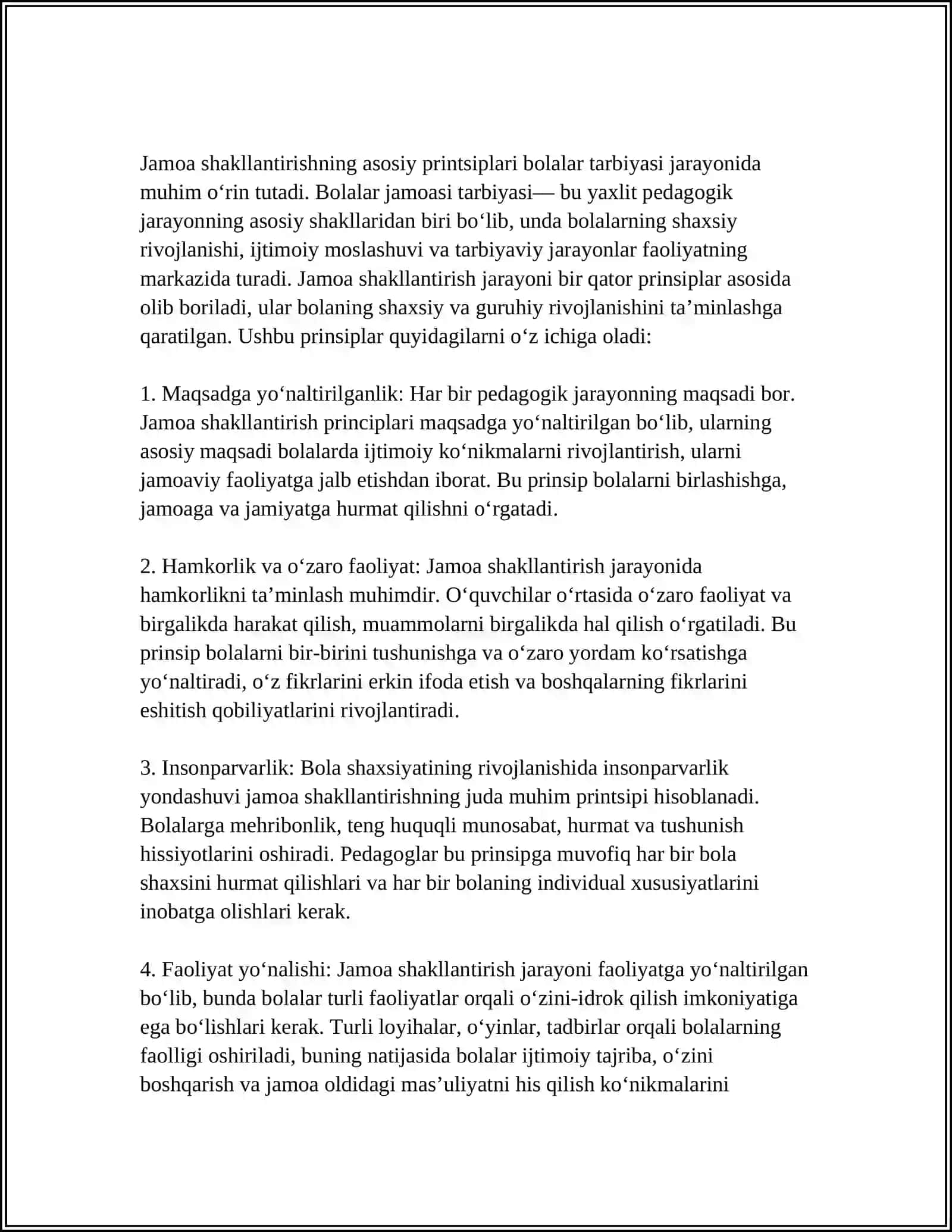 BOLALAR TARBIYASI, JAMOASI - YAXLIT PEDAGOGIK JARAYONNING ASOSIY SHAKLI 4