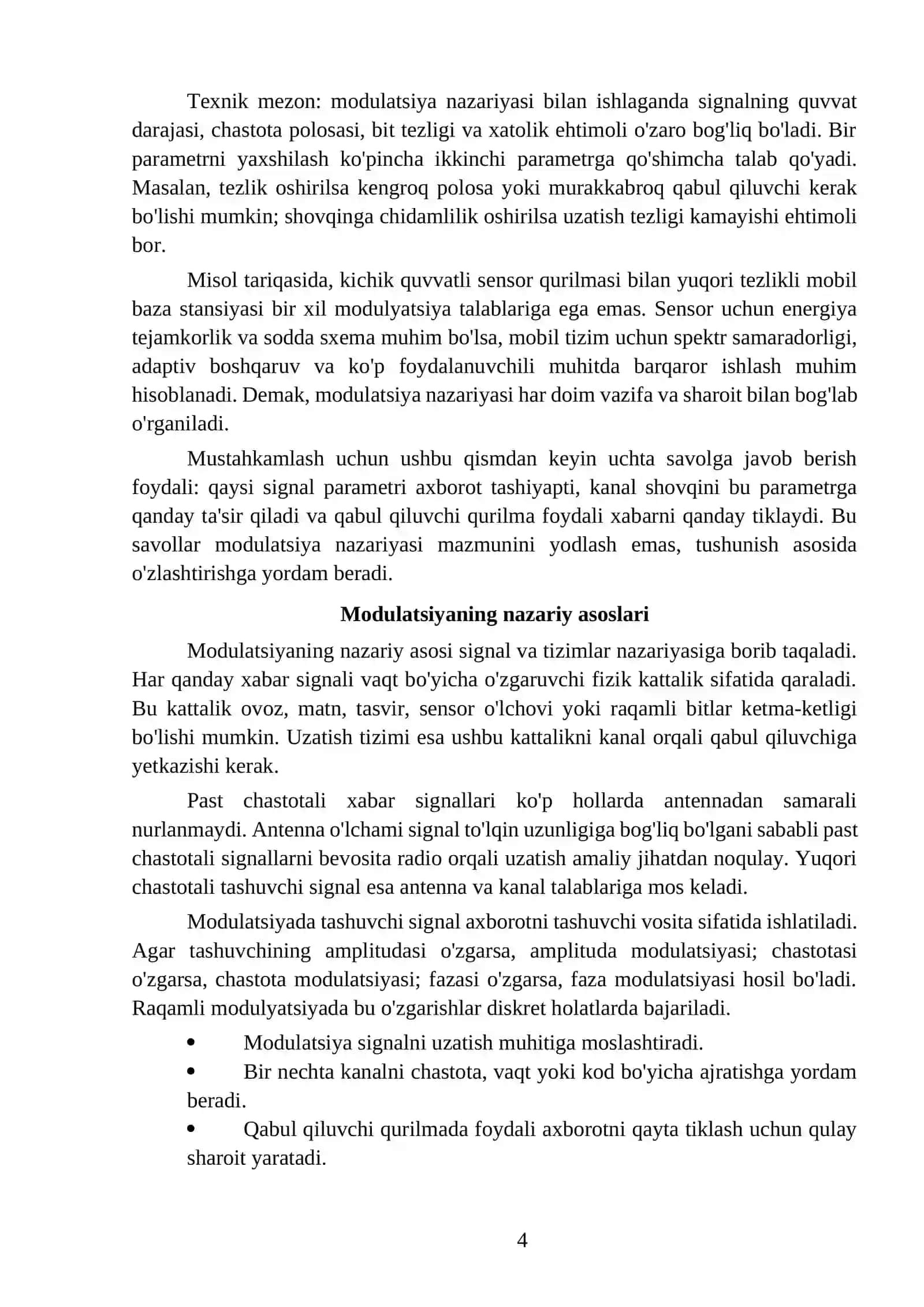 Modulatsiya turlari: AM, FM, PM, ASK, FSK, PSK 4