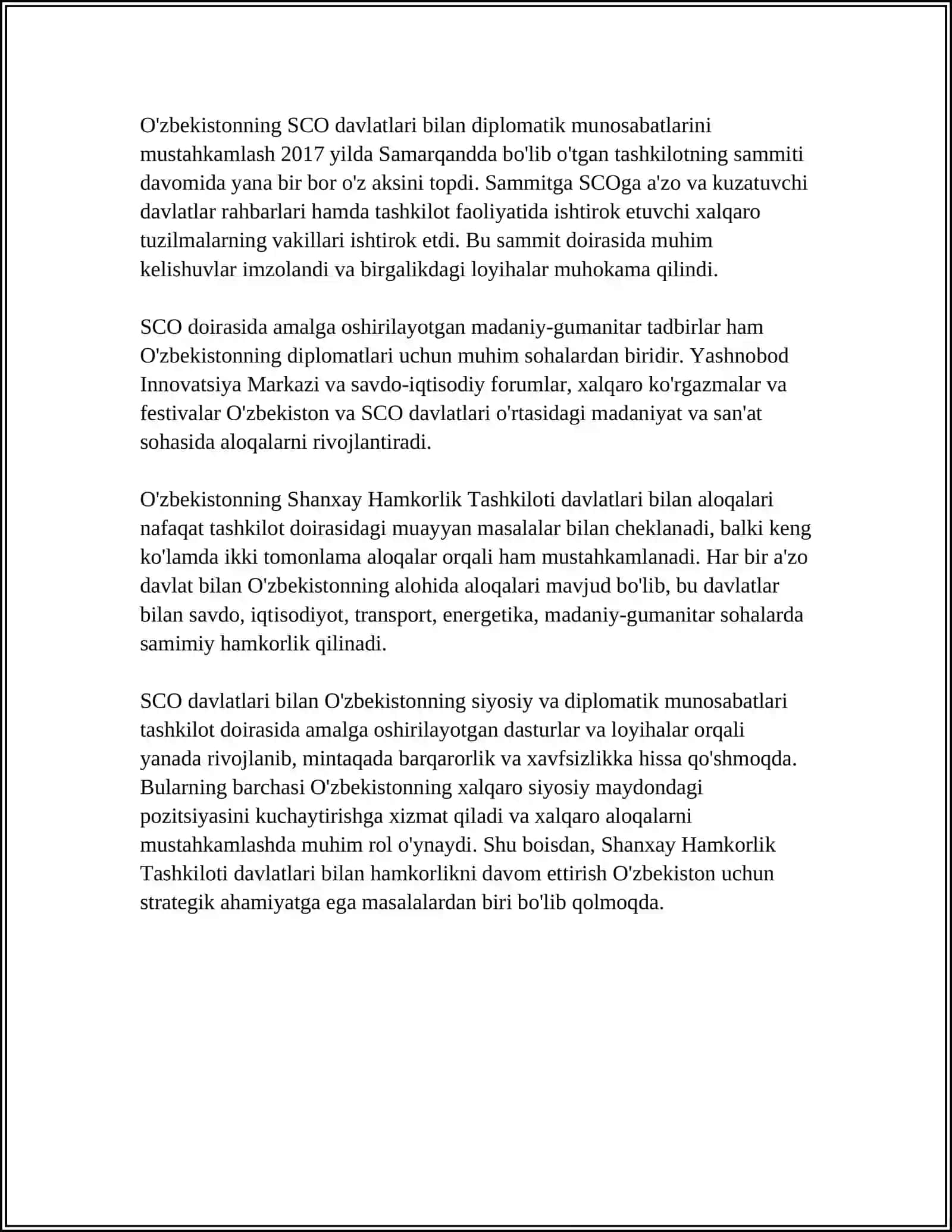 O'zbekiston va Shanxay Hamkorlik Tashkiloti davlatlari: siyosiy va diplomatik munosabatlar 4