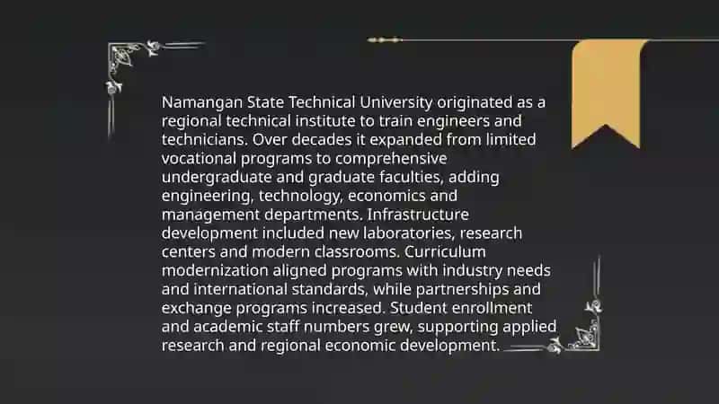 Namangan davlat texnika universiteti haqida ingliz tilida slayd tayyorlab ber 4