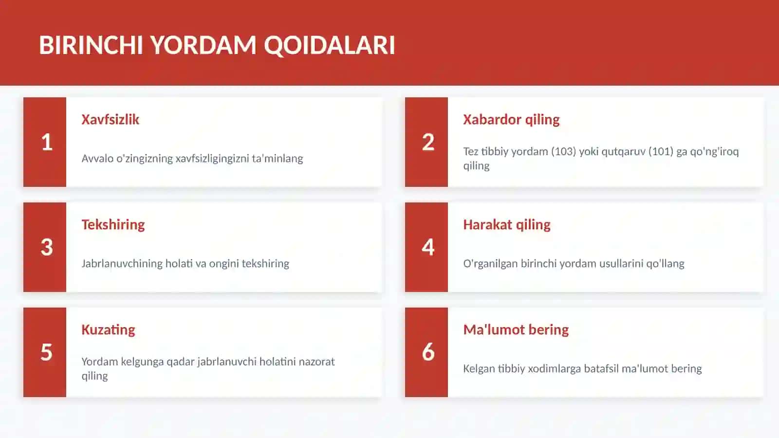 Jaroxatlanganlarga tibbiy yordam korsatishni usullari va qoyidalarini o'rganish. 4