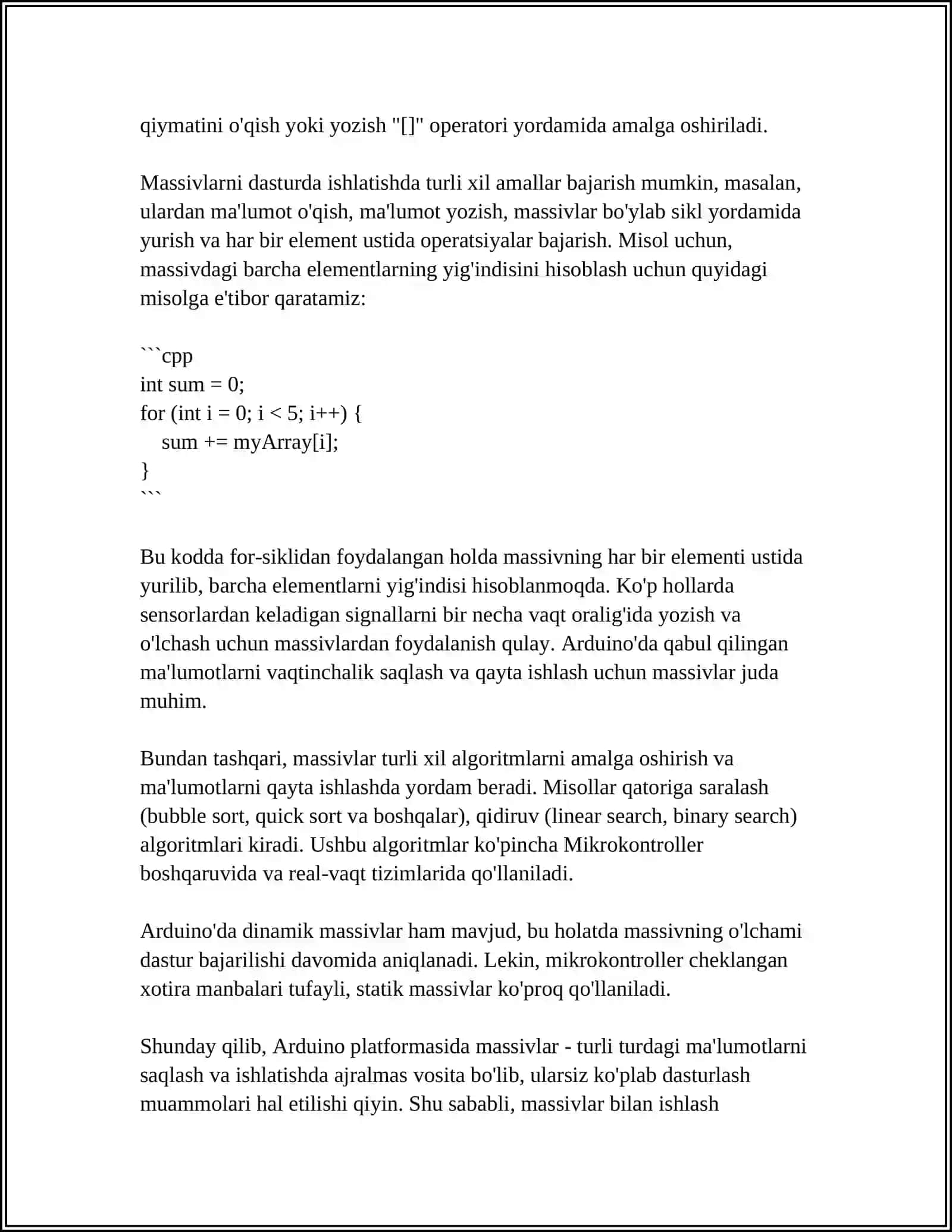 ARDUINO PLATFORMASIDA MASSIVLAR 4