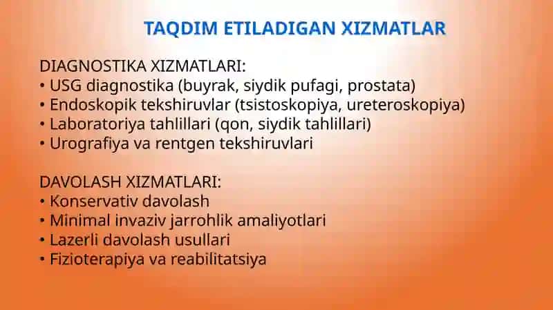 UROLOGIYA DIAGNOSTIKA  KLINIKASI
BIZNES LOYIHASI 4