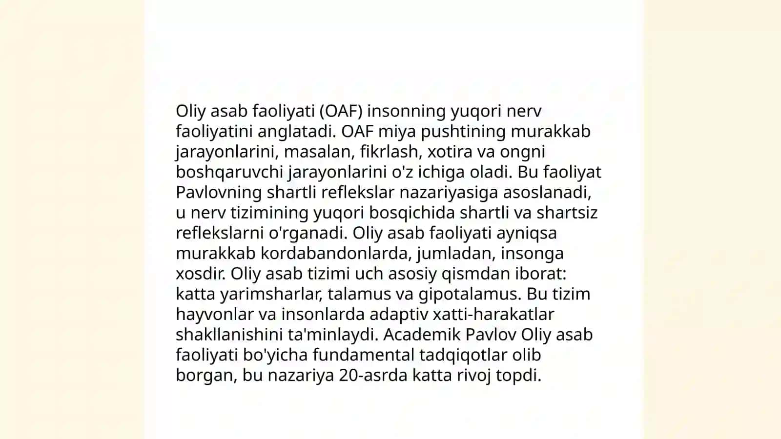 Oliy asab faoliyati haqida. I.P.Pavlovning ta'limoti 4