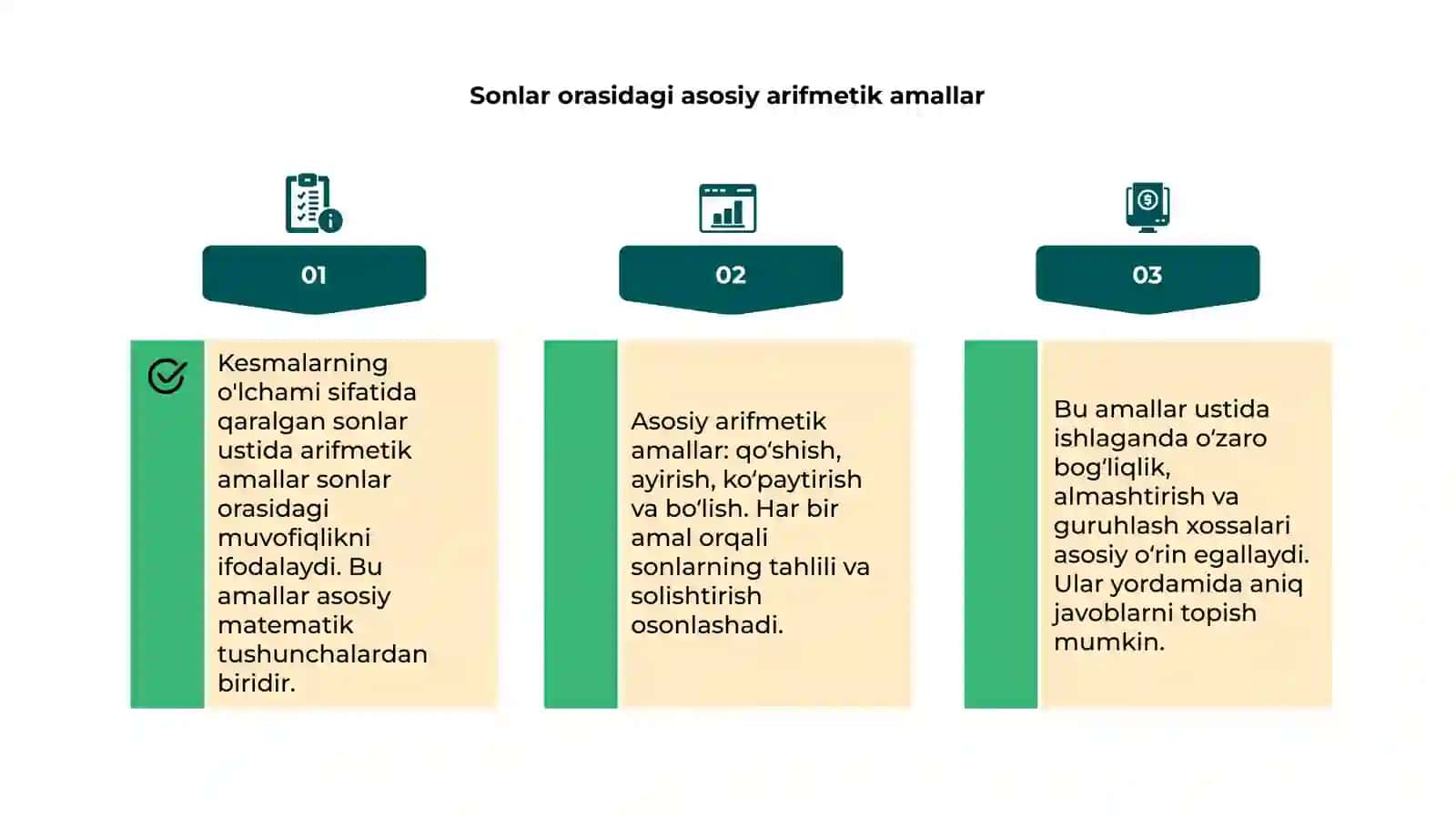 Kesmalarning o'lchami sifatida qaralgan sonlar ustida arifmetik amallar ta'rifi va amallar bajarish xossalari 4