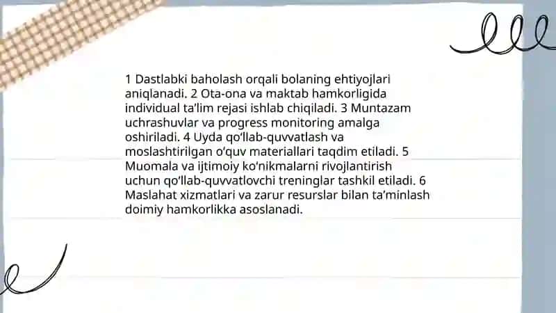 Alohida yordamga muhtoj bolani umumtaʼlim maktabi yoki maktabgacha tashkilotda inklyuziv taʼlim sharoitida oʻqishga moslashishida oila va maktabning oʻrni Hamdamov Elbek 4