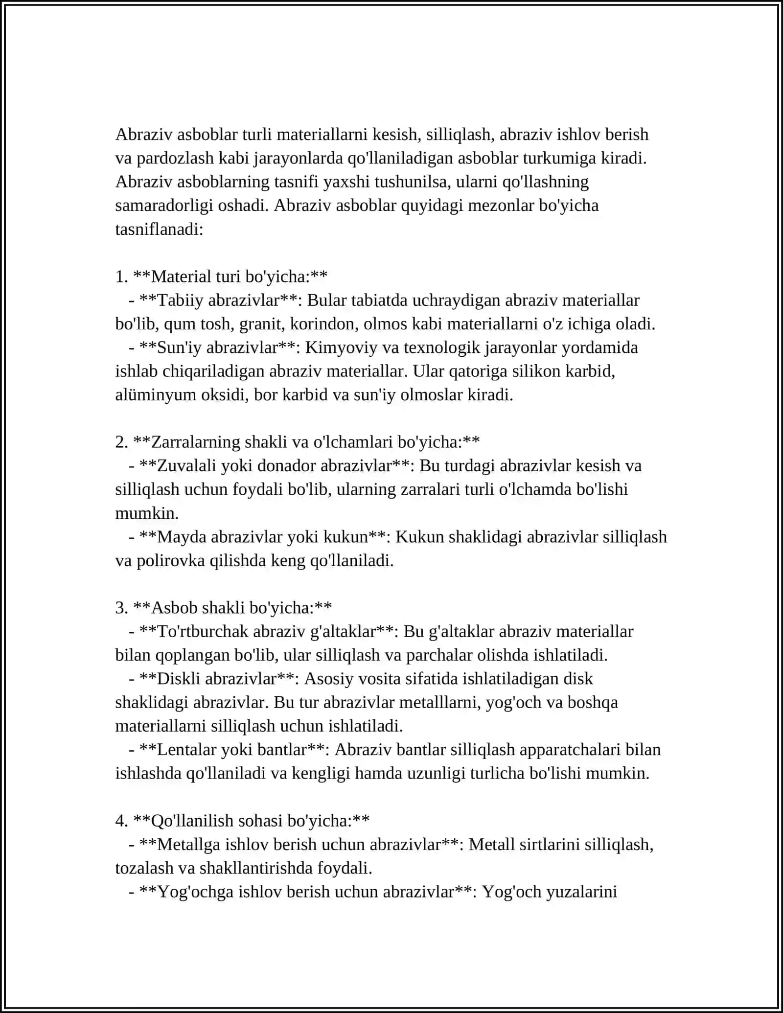ABRAZIV KESUVCHI ASBOBLARI TURI MATERIALLAR VA TAYYORLASH TEHNALOGIYALARI BILAN TANIWIW 4