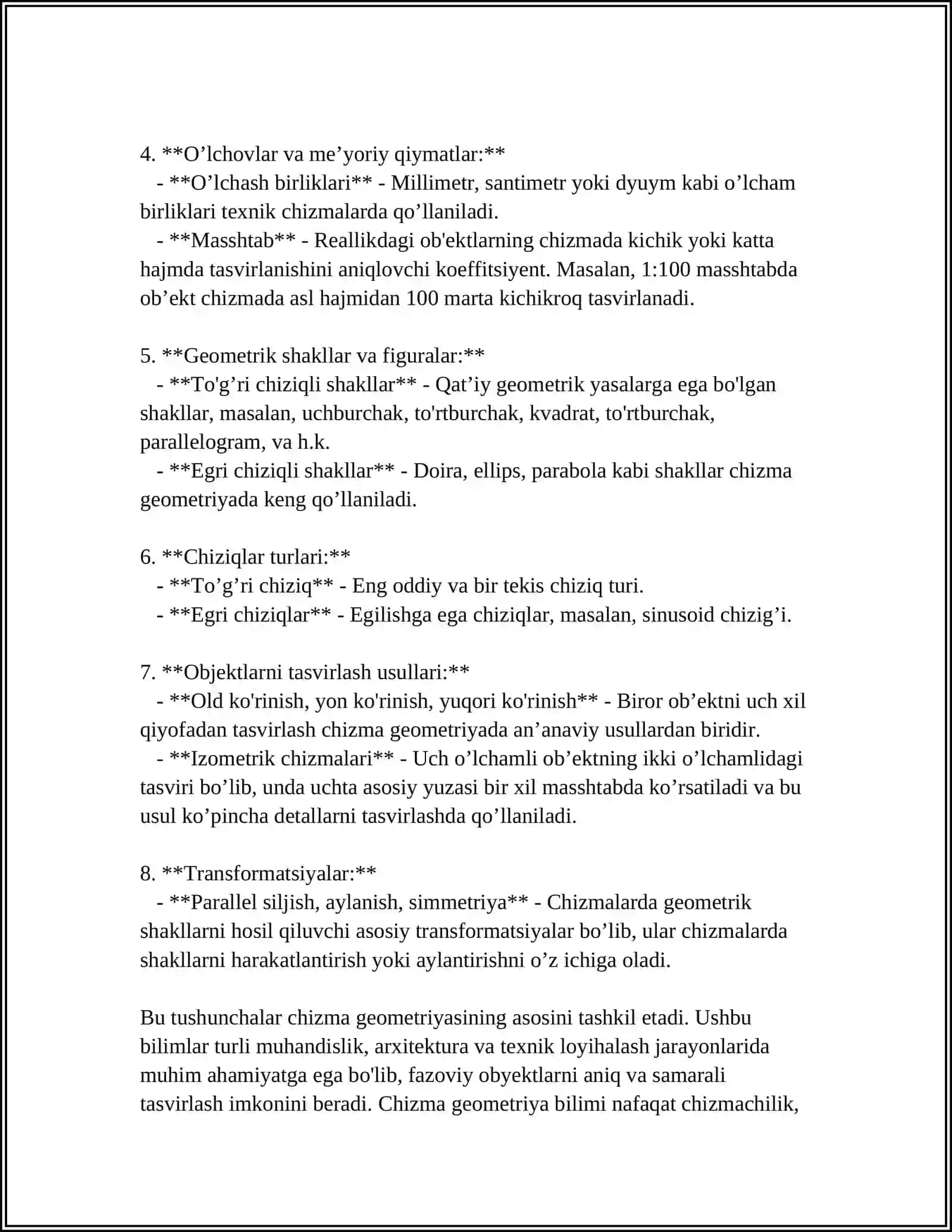 CHIZMA GEOMETRIYA VA MUHANDISTLIK GRAFIKASI FANINIG NAZARIY MASHG'ULOTLARI 4