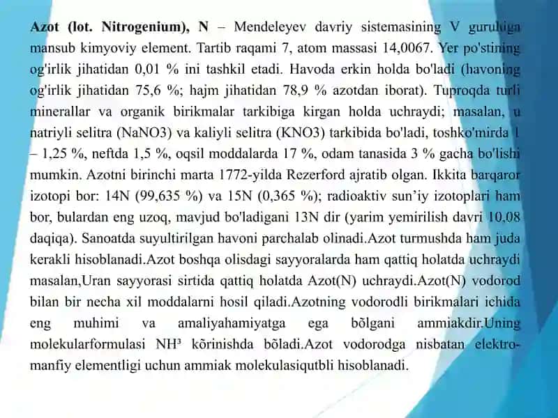 "Nitridlar, Gidrazin, Gidroksilamin, Azid kislotasi,  ularning xossalari, azotning oksokislatalari." 4