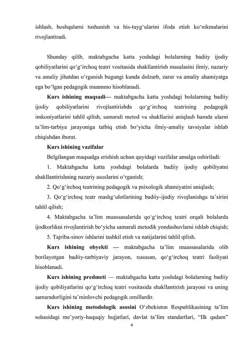 Maktabgacha katta yoshdagi bolalarning badiiy ijodiy qobiliyatlarini qoʻgʻirchoq teatri vositasida shakllantirish mazmuni 4