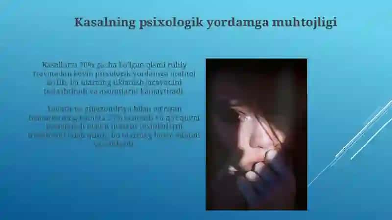 Bemorlarning ruhiy holati "Depressiya, shok, qo'rquv, ipoxondriya, o'zini aybdor his qilish" 4