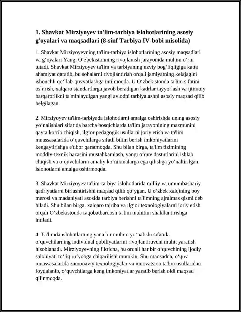YANGI O'ZBEKISTON RESPUBLIKASI RIVOJLANISH JARAYONIDA TA'LIM-TARBIYA ISLOHOTLARI: SH. M. MIRZIYOYEVNING TA'LIM-TARBIYAGA OID FIKRLARI 4