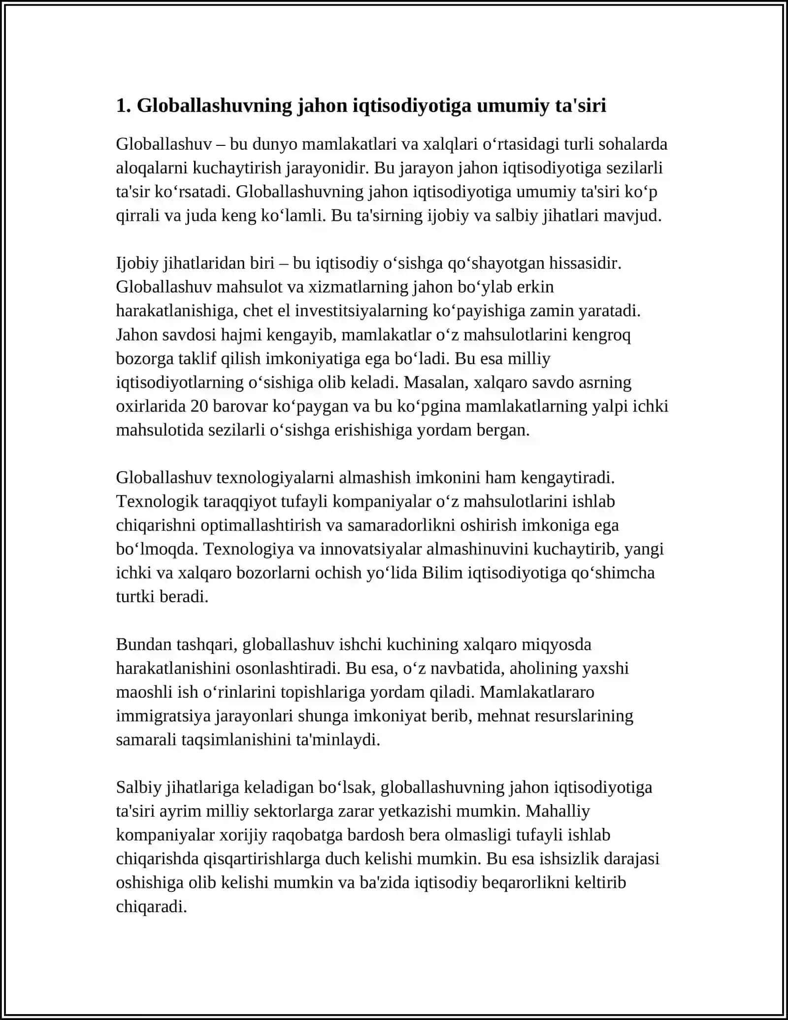 Globallashuv. Jahon iqtisodiyoti globallashuving ijobiy va salbiy oqibatlari 4