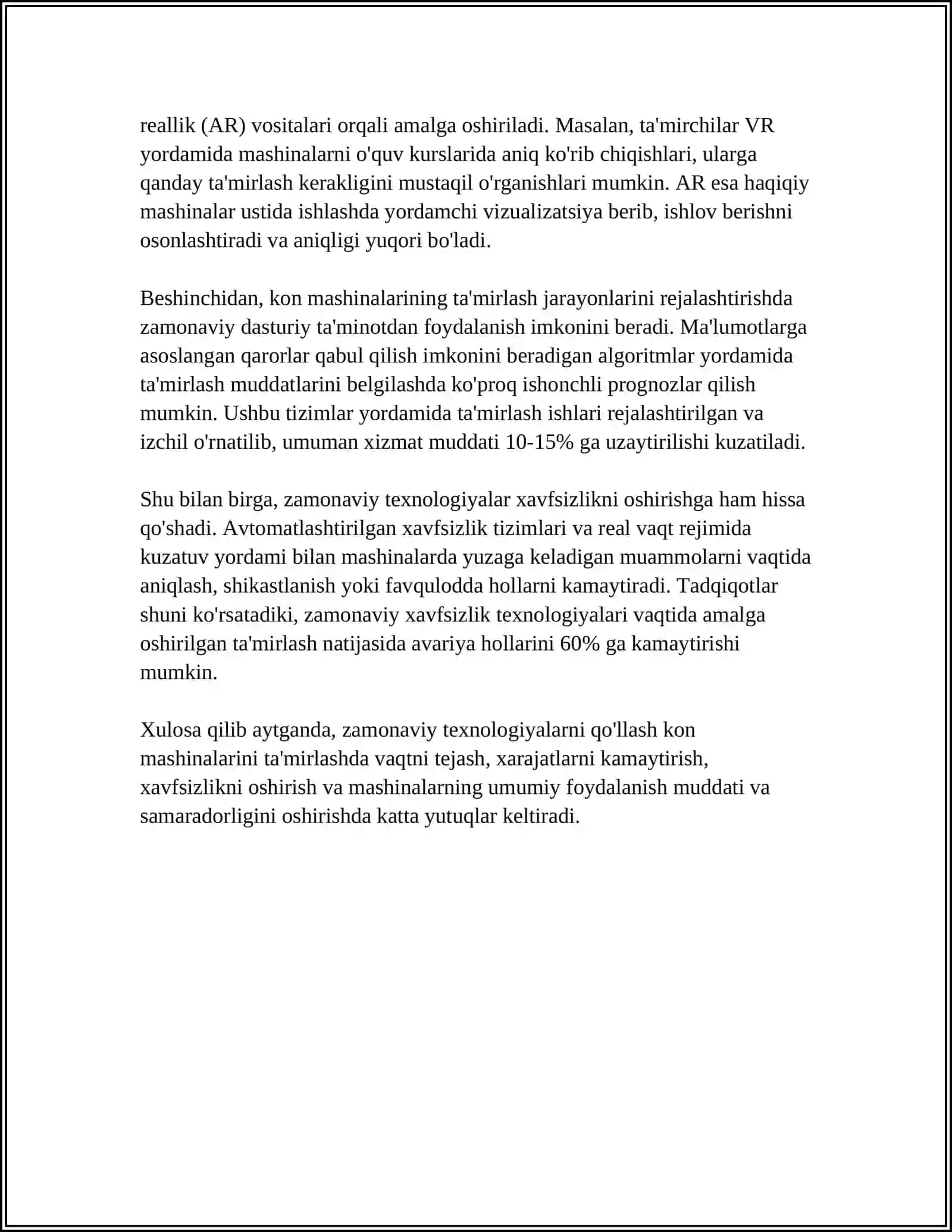 KON MASHINALARINI TA'MIRLASH BAZALARINI YANGI TEXNOLOGIYALAR BILAN JIHOZLASH YO’LLARI 4