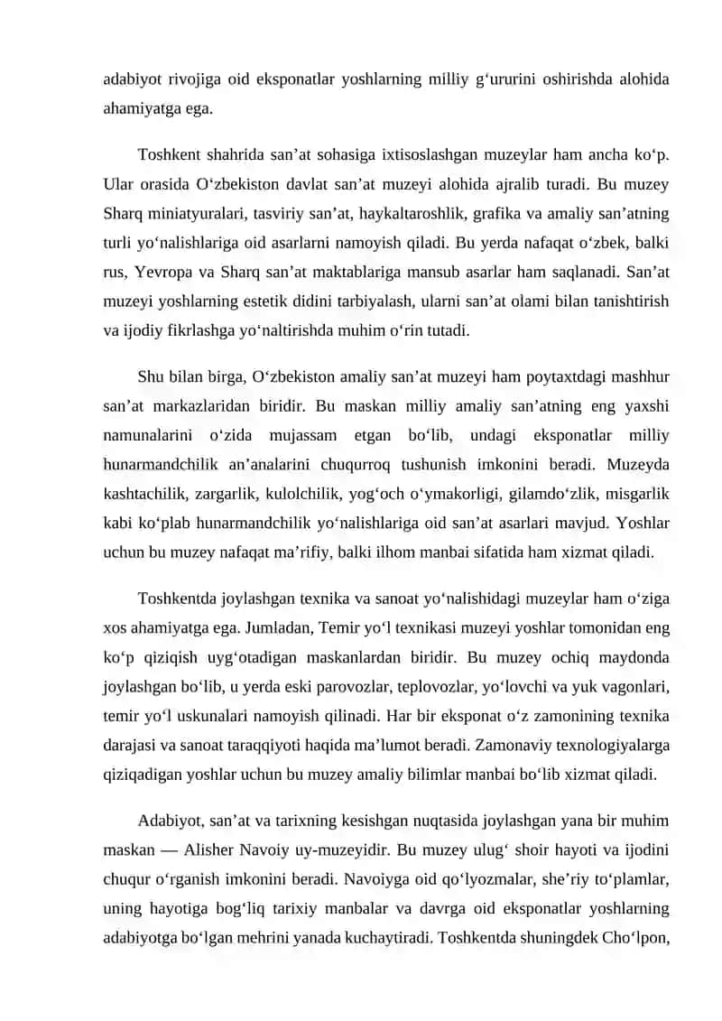 Toshkent shahrida joylashgan muzeylar Respublika yoshlar nigohida 4