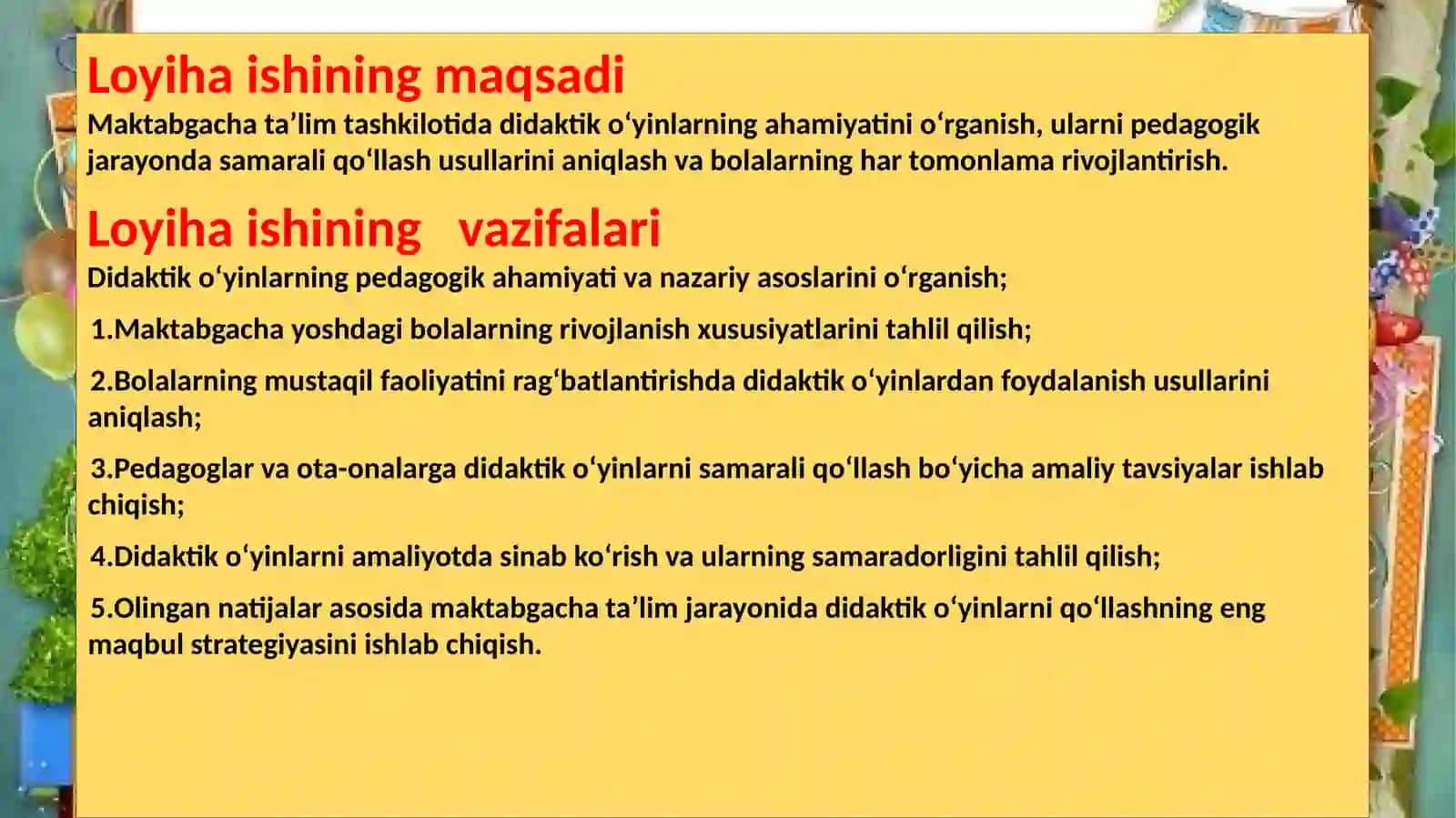 "Eng yaxshi o‘yin orqali ta’lim beruvchi" Nominatsiyasi bo‘yicha tayyorlagan LOYIHA TAQDIMOTI 4