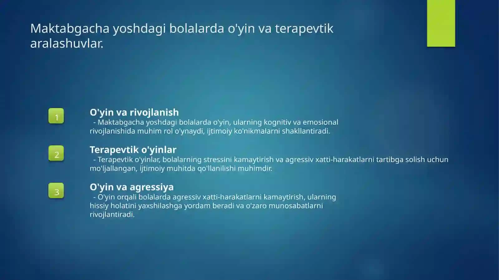 MAKTABGACHA YOSHDAGI BOLALARDA AGRESSIYANI PROFILAKTIKA QILISHDA O’YIN VA TERAPIYASINING O’RNI 4