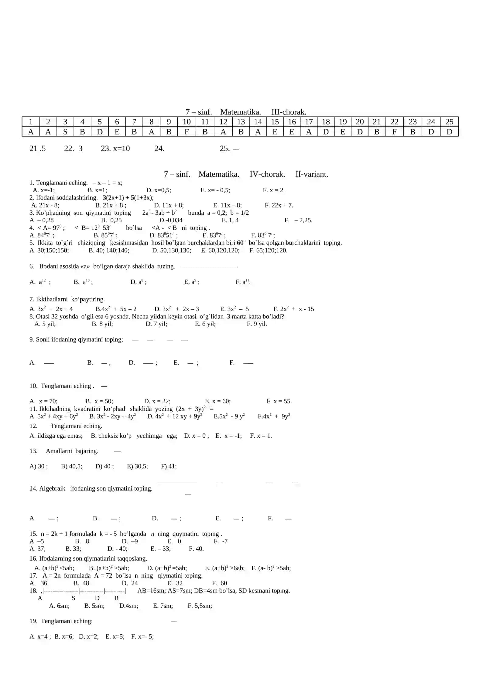 Matematika sinovi 7-sinf 4