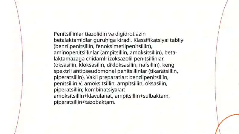 Tiazolidinn va digidrotiazin betalaktamidlarining hosilalari (penitsillinlar va sefolosparinlari. Siddiqov Delvir 4
