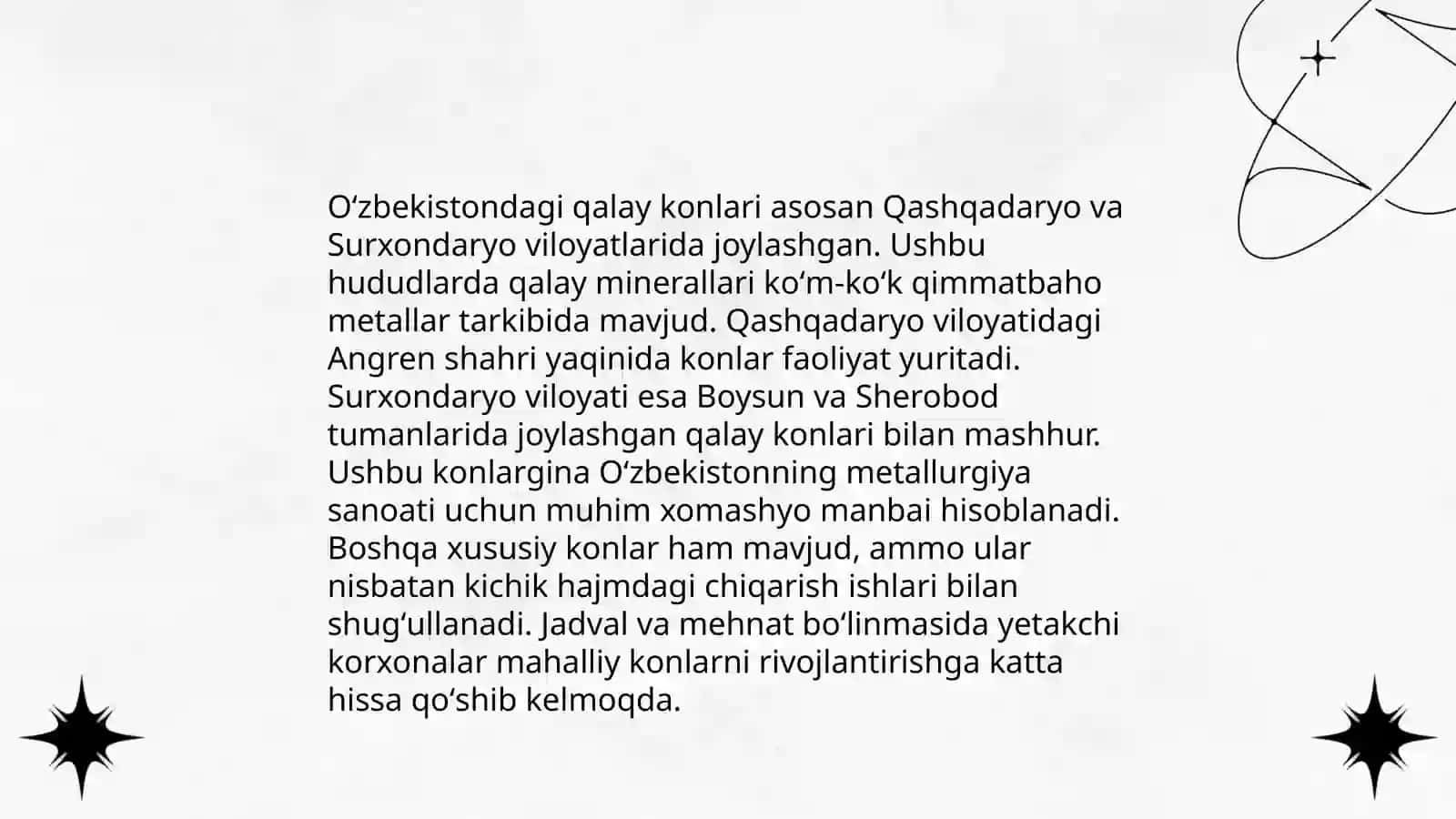 Oʻzbekistondagi Qalay foydali qazilmasining geologik sanoat turlari va Qalay konlari 4