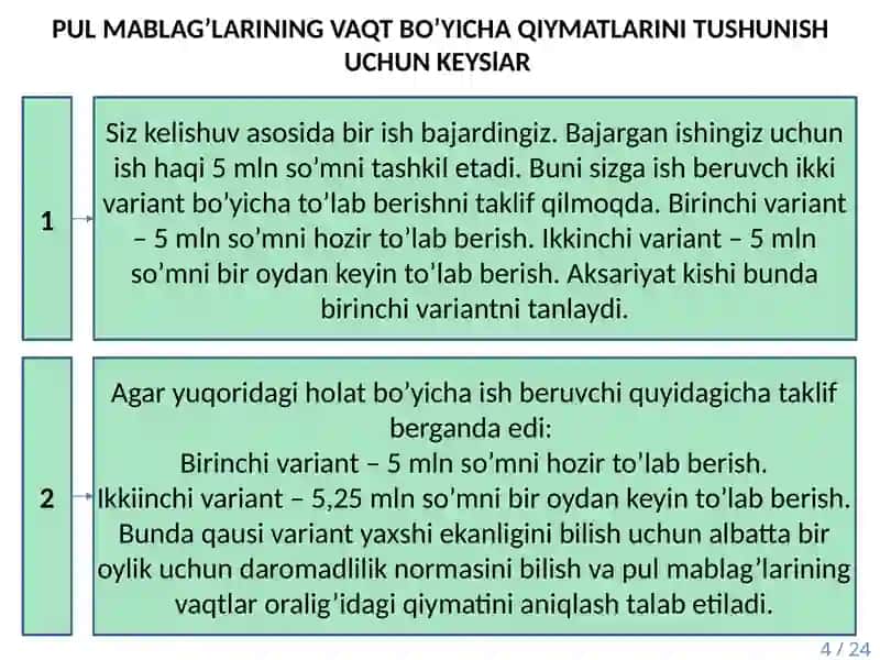Pul mablag’larining vaqt bo‘yicha qiymati kontseptsiyasi 4