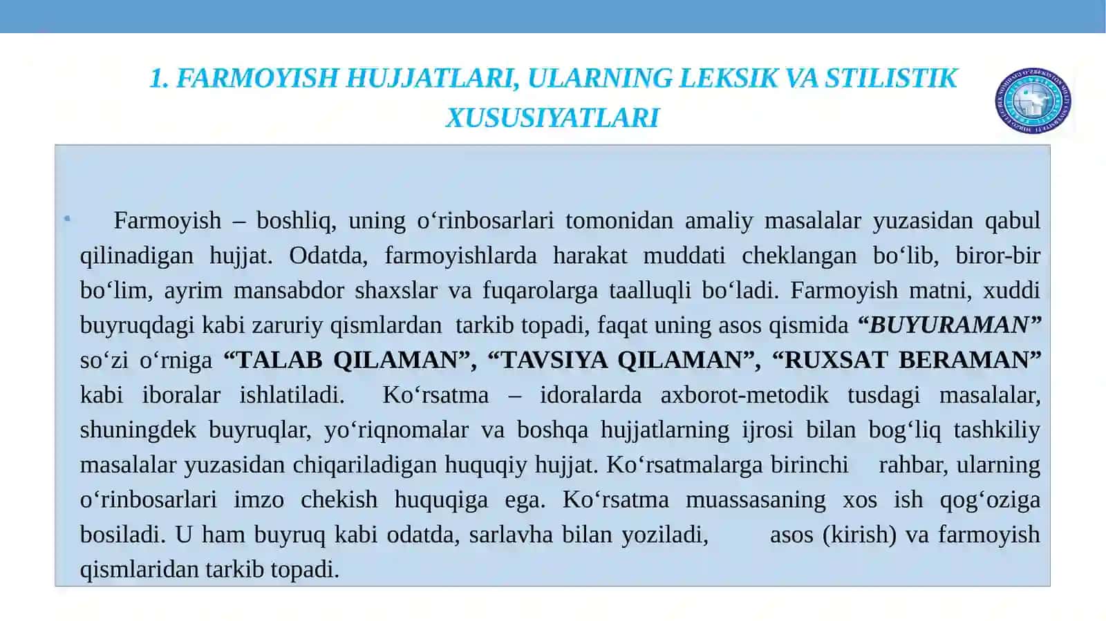 FARMOYISH HUJJATLARI VA ULARNING TURLARI.BUYRUQ. FARMOYISH. KO‘RSATMA.FARMOYISH HUJJATLARINING RASMIYLASHTIRILISHI 4