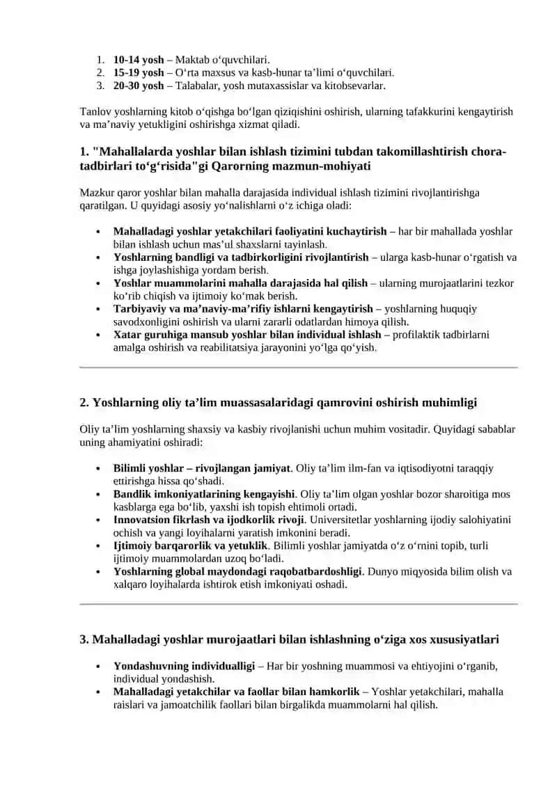 yoshlar yetakchiligiga suhbat savollari, javoblari bilan 4