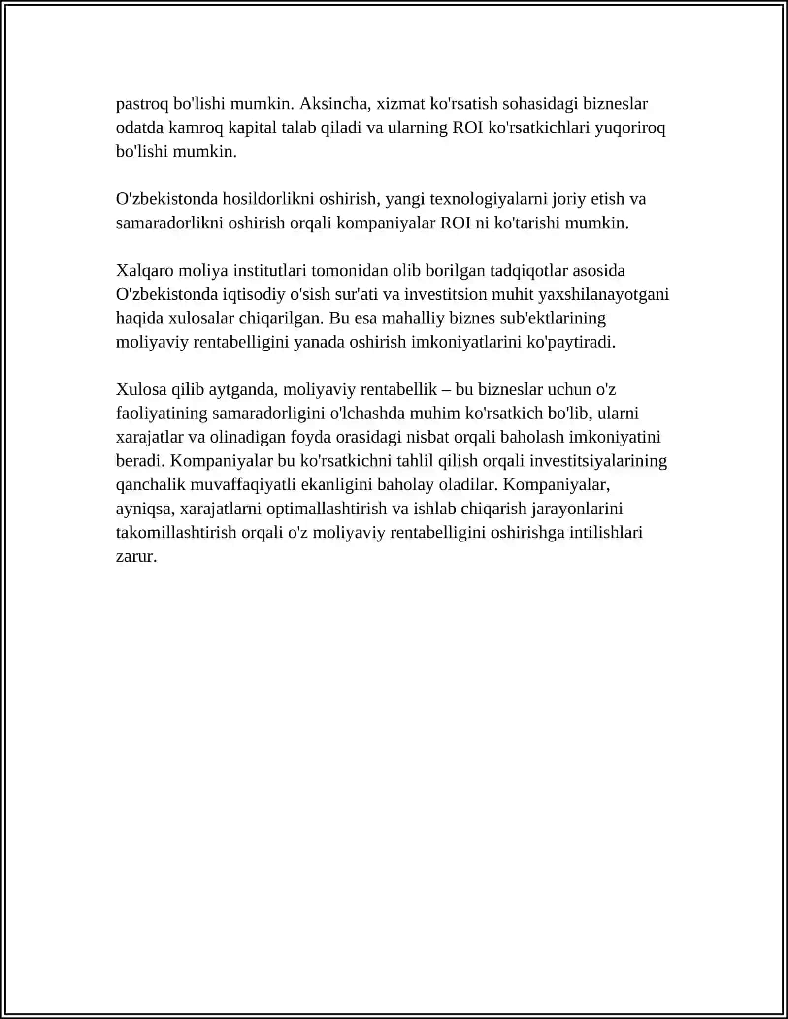 MUSTAQIL ISH Mavzu: RENTABELLIK KO'RSATKICHLARINI TAHLILI 4