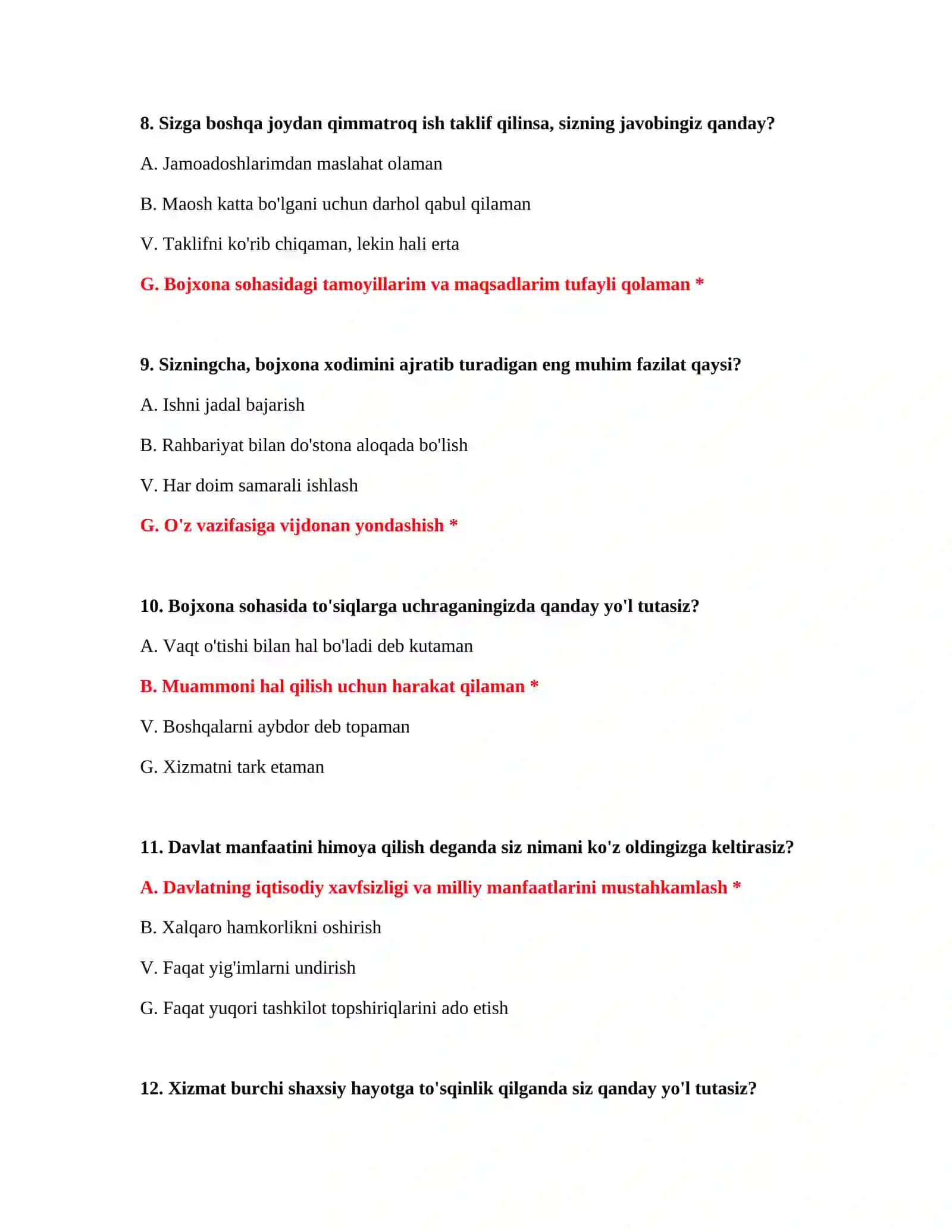 Bojxona psixologik test savollari va javoblari PDF 4
