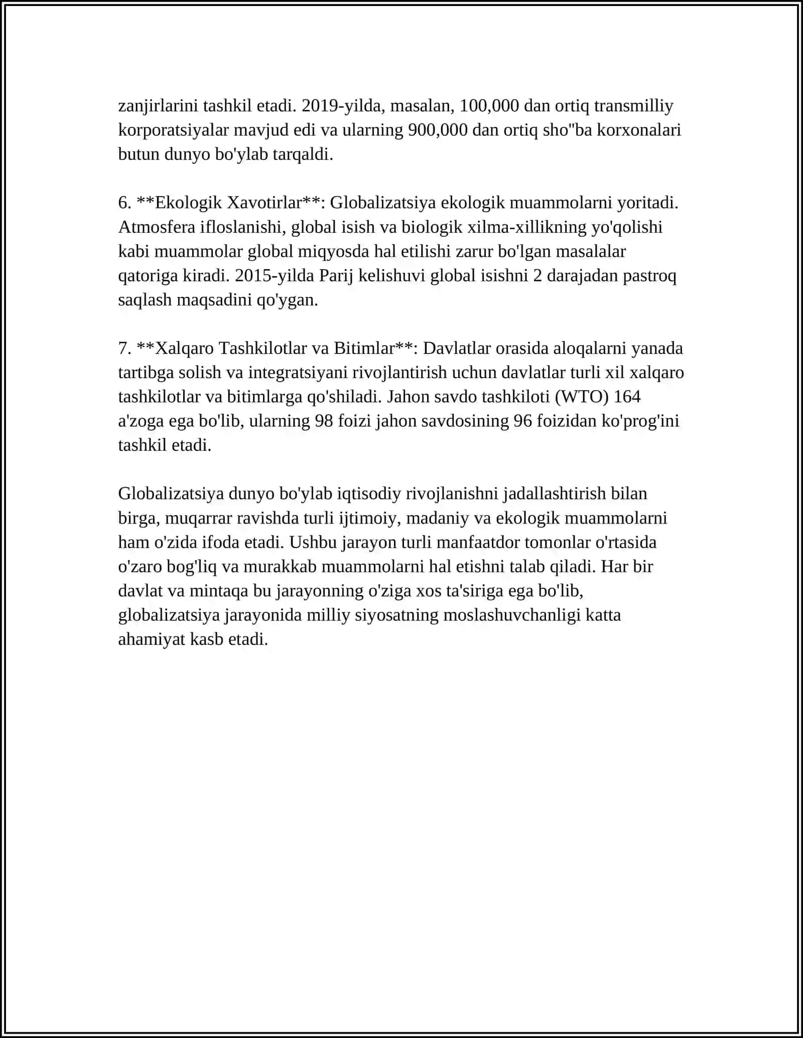 GLOBALLASHUV, GLOBALIZM VA BARQAROR RIVOJLANISHNING USTUVOR YO'NALISHLARI 4