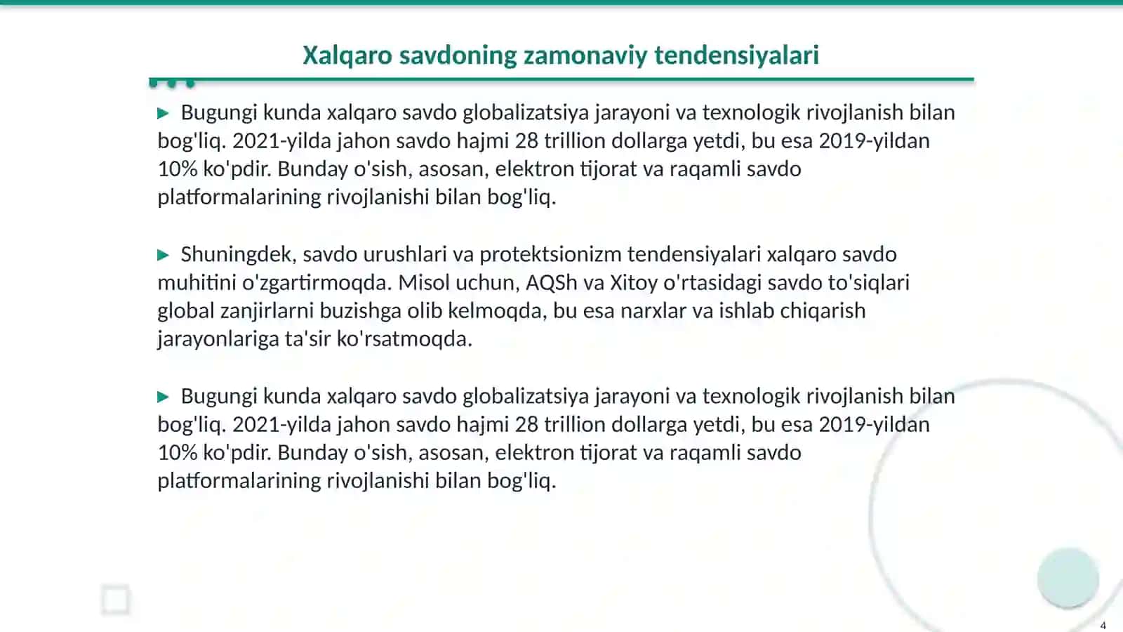 Xalqaro savdoning rivojlanish tendensiyalari. Xitoyning jahon iqtisodiy kuchi sifatida shakllanishi 4