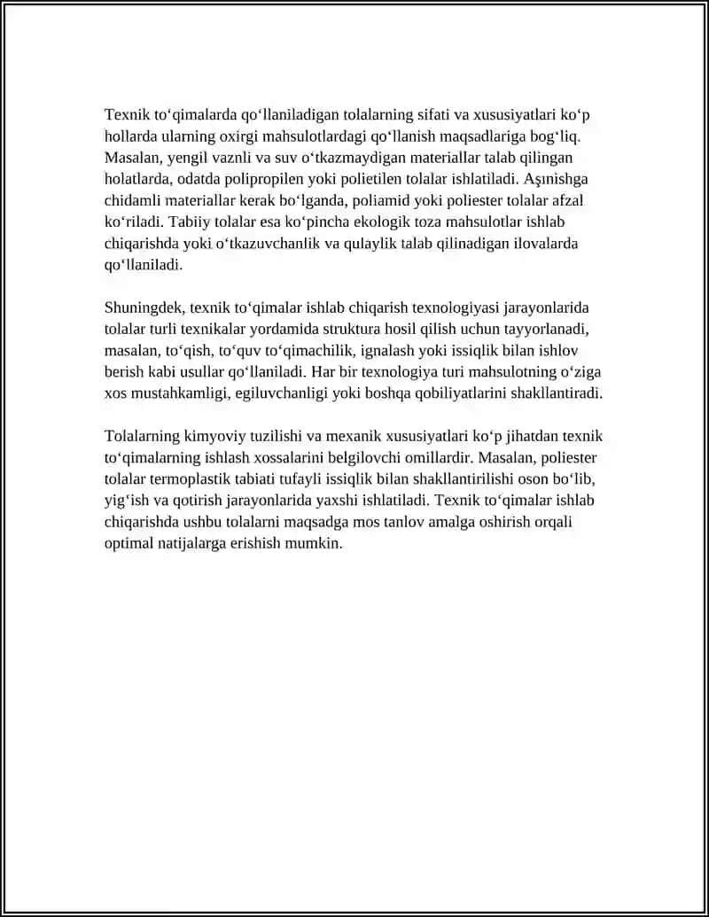 TEXNIK TOʻQIMALAR ISHLAB CHIQARISH TEXNIKA VA TEXNOLOGIYASI 4