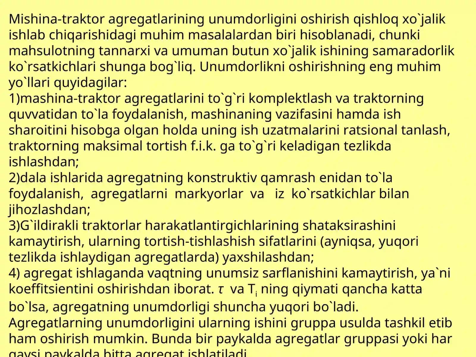 Mashina-traktor agregatlarining unumdorligi va uni oshirish yo’llari. Foydalanish sarf-harajatlari va ularni kamaytirish yo’llari. Qishloq xo’jaligidagi transport ishlari 4