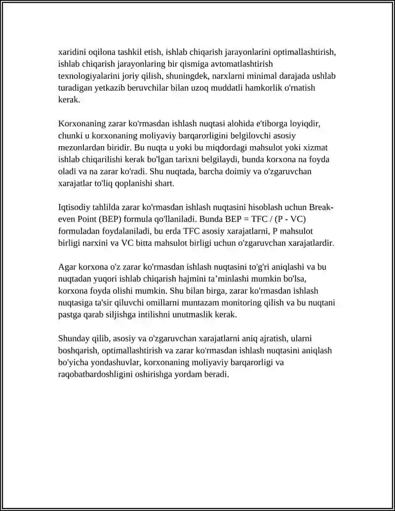 ISHLAB CHIQARISH XARAJATLARINI MINIMALLASHTIRISH SHARTLARI VA KORXONANING ZARARSIZ ISHLASH NUQTASINI HISOBLASH YÓLLARI 4