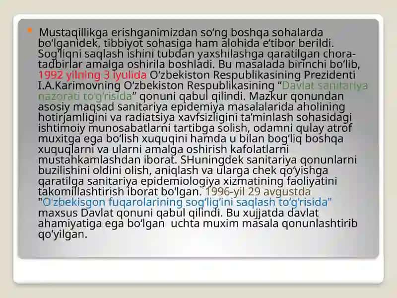 Mustaqillik yillarida sog'liqni saqlash sohasining rivojlanishi 4