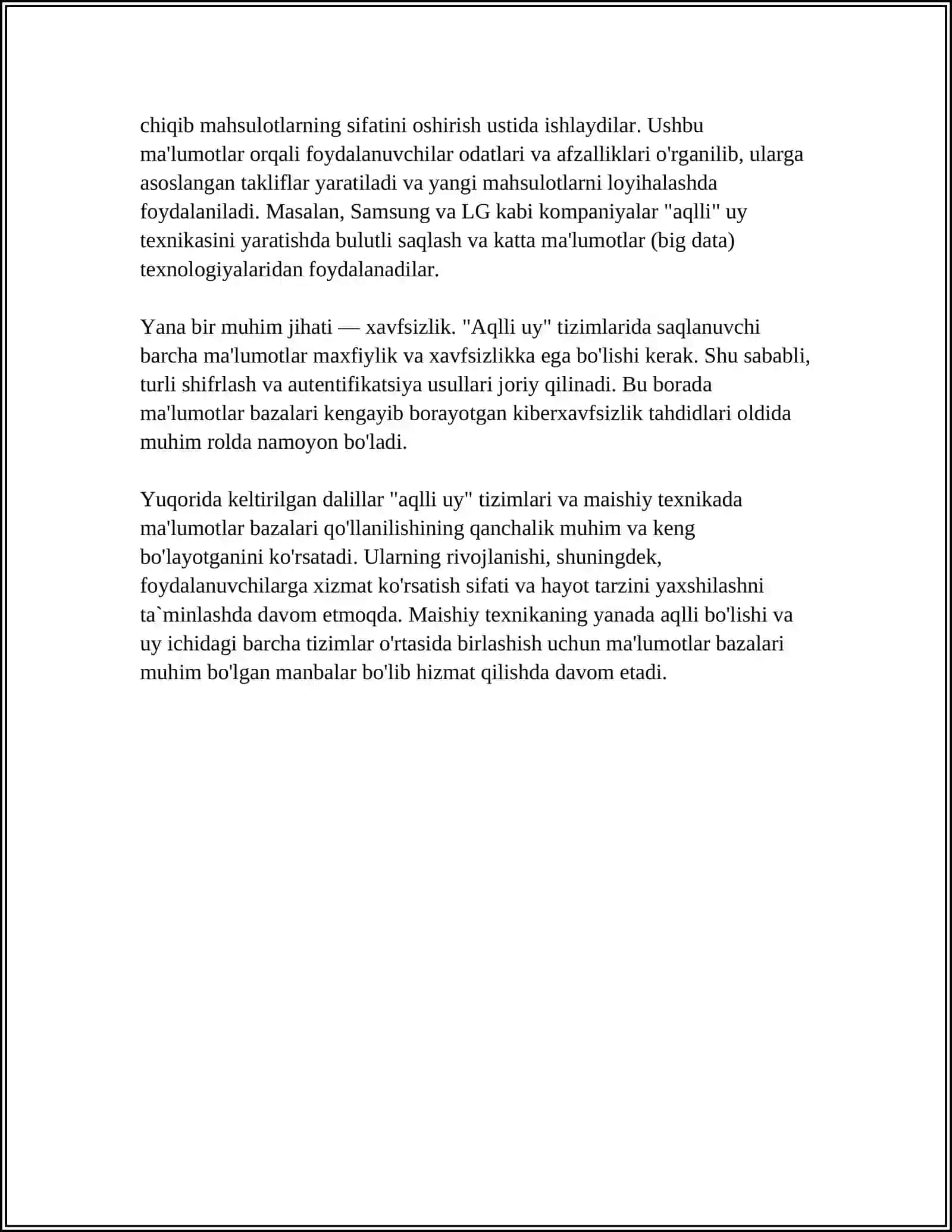 MALUMOTLAR BAZASINING KUNDALIK HAYOTTA QOʻLLANILADIGAN MISOLLARI BOʻYICHA REFERAT YOZISH VA TAHLIL QILISH 4
