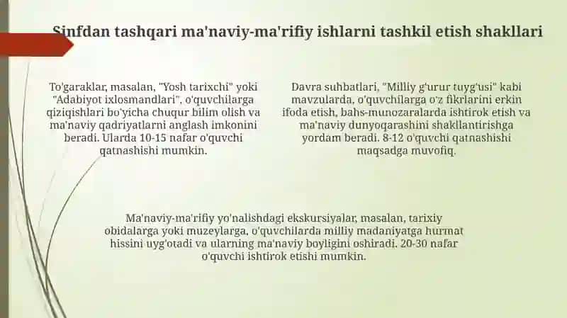 Tarbiya fani boʻyicha darsdan tashqari ma'naviy-ma'rifiy ishlarni tashkiliy-pedagogik jihatlari 4