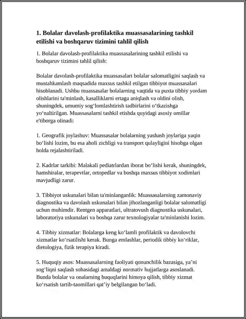 BOLALAR DAVOLASH - PROFILAKTIKA MUASSASALARI FOALIYATINI TAHLIL QILISH BILAN BOG‘LIQ VAZIYATLI MUAMMOLARNI HAL QILISH 4
