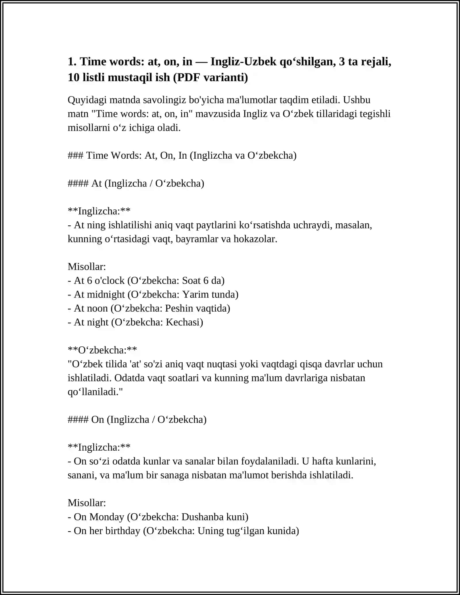 TIME WORDS PREPOSITIONS MAVZUSIDA INGLIZ UZBEKCHA QOʻSHILGAN 3TA REJALI 10 15 LISTLI MUSTAQIL ISH PDF VARIANTDA 4