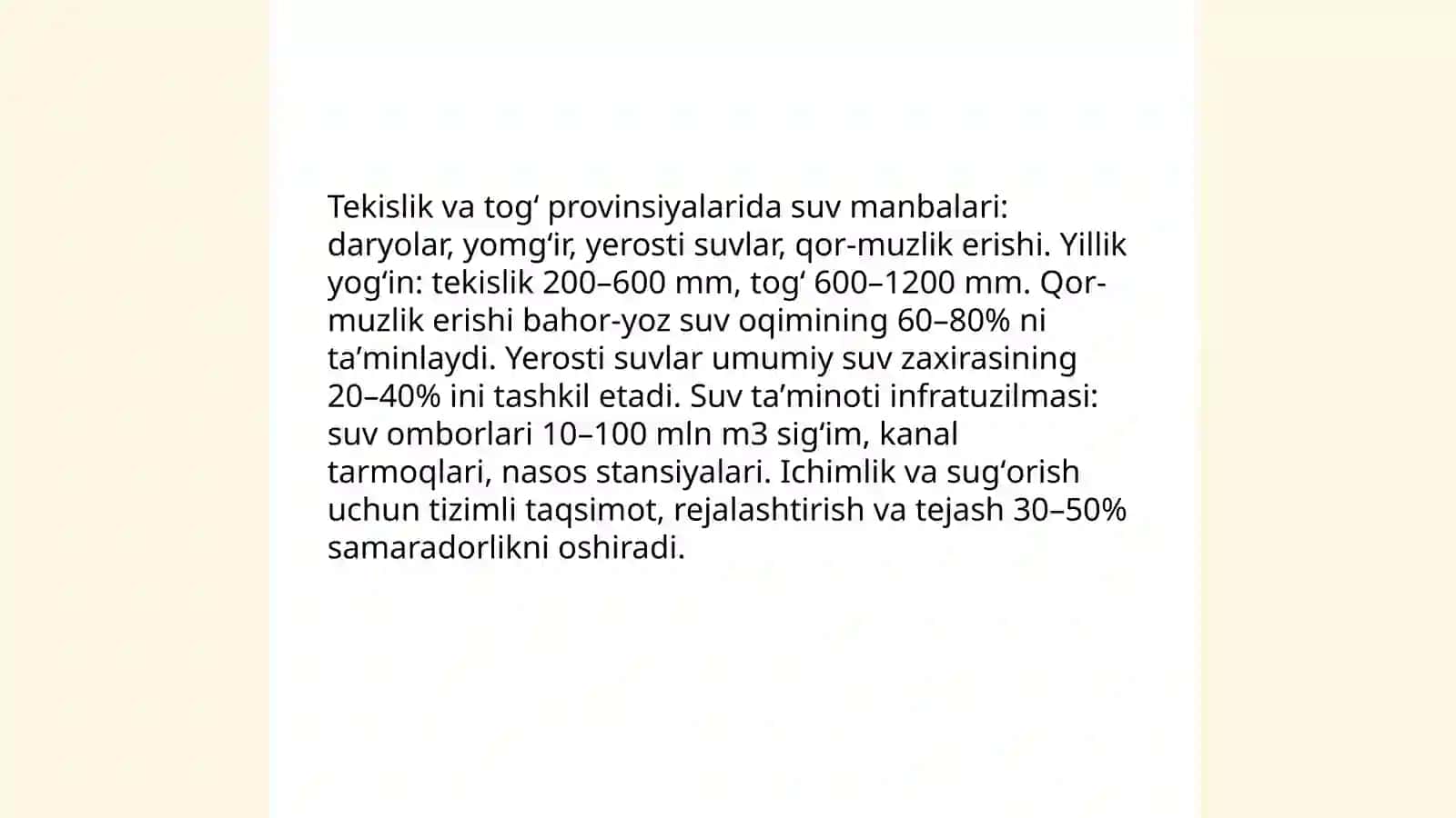 Tekislik va toĝ provinsiyalarida yuqori yashash muhitini yaratuvchi omillar 4