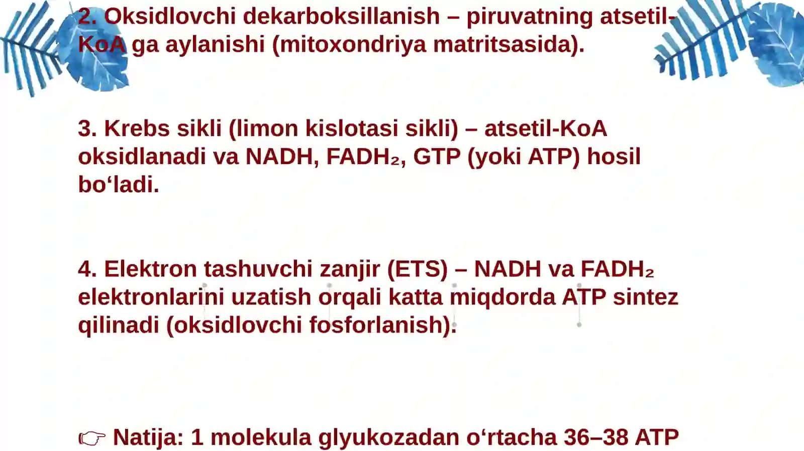 Metabolizm jarayonida energiya hosil bo'lishi va sarflanishi 4