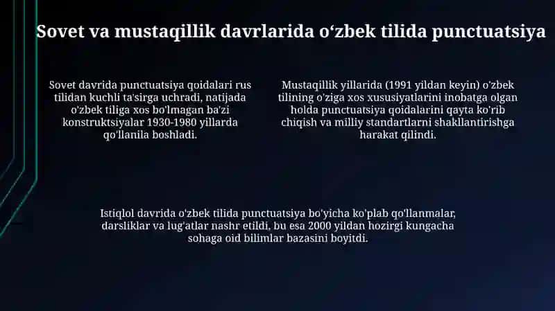 Oʻzbek tilida tinish belgilari va qoʻllanilishi haqida xronologik jadvallar tayyorlash 4