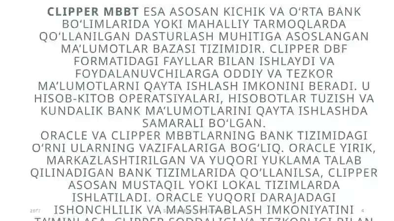 OraclevaClipperMBBT banksoxadagima’lumotlarini qayta islash texnologiyalari 4